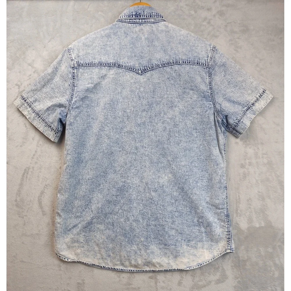 True Religion Chambray Denim Button Up Western Shirt Blue Acid Wash Men's Large